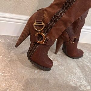 Jessica Simpson Cognac Brown Knee-High Boots Stiletto Heel Buckle Size 6
